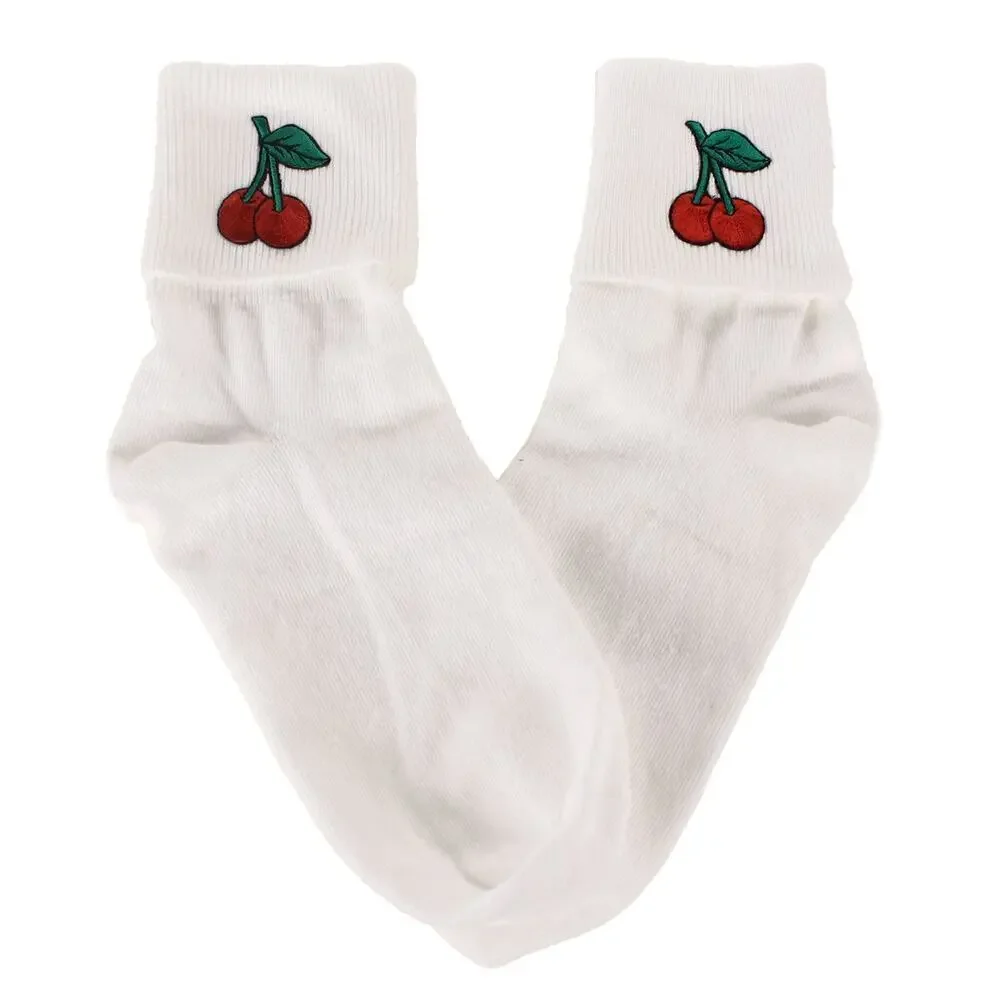 Cherry Bobby Socks Womens 9-11 Socks w Embroidered Appliques - Hey Viv